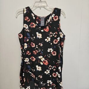 Floral Sleeveless Tank Top - Black with Coral & White Flowers